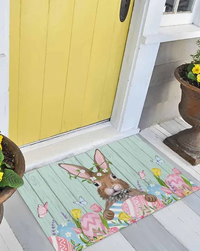 Miniatura 7 de Tapete para puerta delantera, conejo de Pascua, flores de granja de primavera en madera verde azulado, tapete antideslizante y absorbente