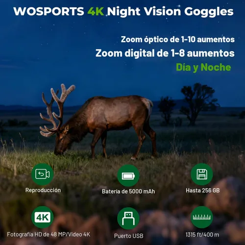 Miniatura 3 de WOSPORTS Gafas de visión nocturna 4K, zoom óptico de 10X y digital de 8X, rango infrarrojo de 1315 pies, batería recargable de 5000 mAh, IPX Verde
