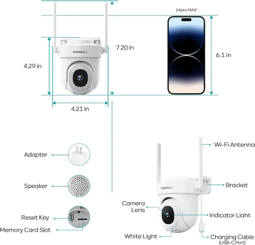 Miniatura 20 de ZUMIMALL - Cámara de seguridad de 3 MP para exteriores - 360° PTZ con seguimiento automático Grabación 24/7 con alimentación por cable, WiFi