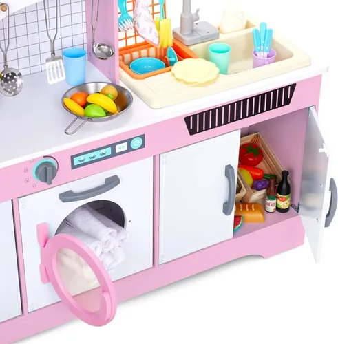 Miniatura 9 de Lil' Jumbl Cocina de madera para niños con fregadero de agua corriente real, juego de cocina interactivo con microondas, estufa, luces y sonidos Rosa