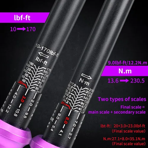 Miniatura 2 de Llave dinamométrica de clic de 1/2 pulgada 10-170 FT-LB/13.6-230.5N.M, precisión de ±3%, llave dinamométrica profesional de clic de doble dirección