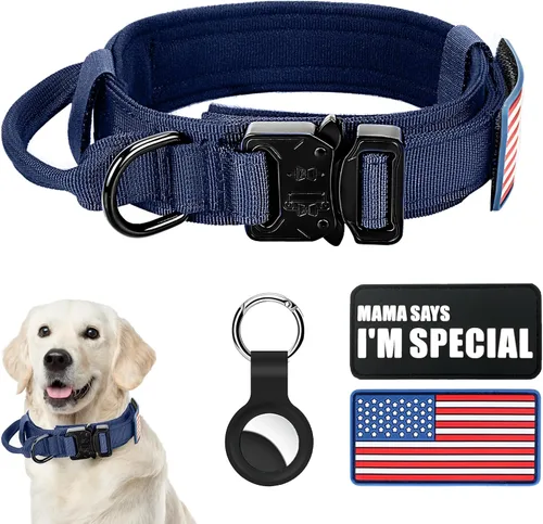 Miniatura 17 de Collar táctico militar para perro, nailon ajustable, hebilla de metal resistente con asa para entrenamiento, parches (verde, XL)