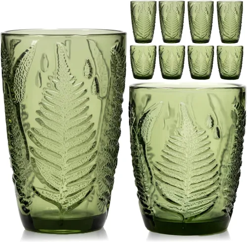 Miniatura 15 de Juego de 4 vasos vintage de vidrio transparente prensado a mano de 10 onzas, cristalería retro en relieve de helecho, vasos texturizados para agua