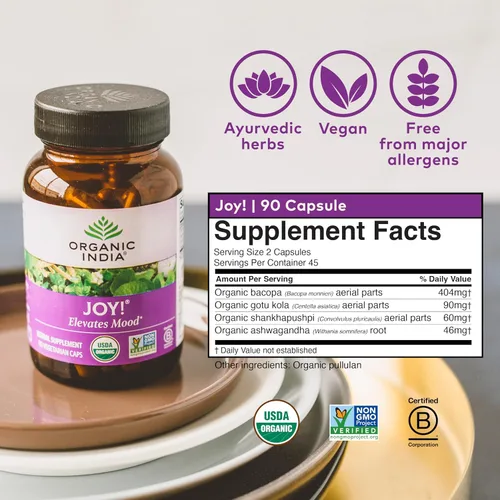 Miniatura 6 de ORGANIC INDIA Joy Suplemento de hierbas – Apoyo inmunológico, promueve la memoria y la concentración, vegano, sin gluten, Kosher, certificado