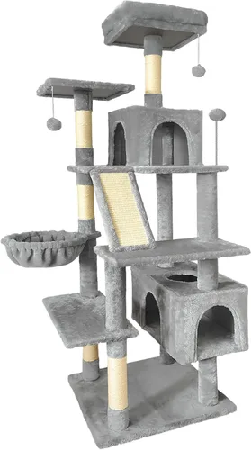 Torre de árbol para gatos de 70 pulgadas para gatos de interior, condominio de torre para gatos de varios niveles con poste rascador de sisal (gris