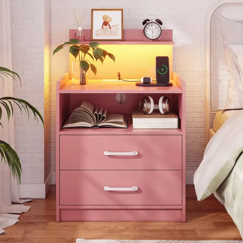 Miniatura 9 de Mesita de noche LED con estación de carga, mesita de noche con 2 cajones y almacenamiento abierto, mesa de noche con luces LED, mesa auxiliar Negro