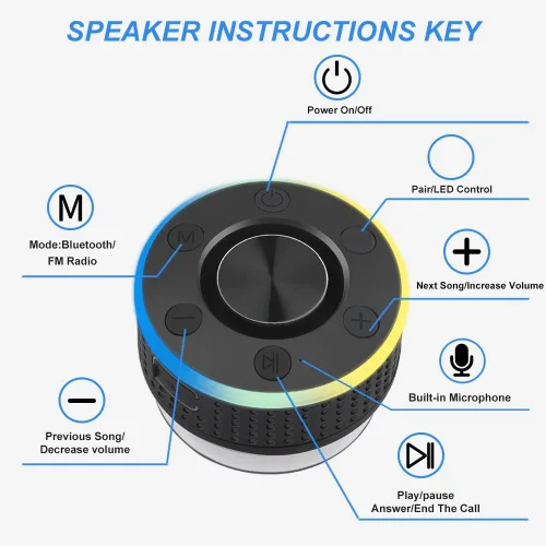 Miniatura 6 de Altavoz de ducha Bluetooth, altavoz portátil Bluetooth 5.3 con ventosa, altavoces inalámbricos impermeables IP7, luces RGB, micrófono integrado