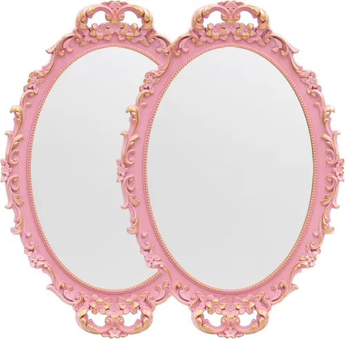Tstarer 2PACK - Espejo decorativo vintage con marco rosa, espejos colgantes de pared y bandeja para mesa para decoración de dormitorio y sala de