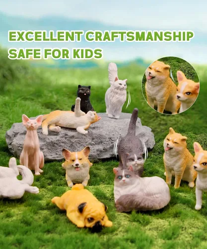 Miniatura 5 de RECUR Figuras de animales de gatos y perros, figura en miniatura para tartas, 100% pintada a mano, mini figura de mascotas para niños, 12