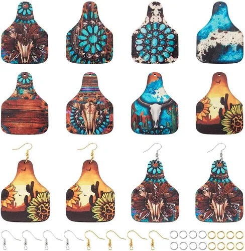 Miniatura 17 de KISSITTY Kit de fabricación de aretes de madera, 36 piezas de lágrima con cruz de vaca y leopardo, dijes de madera impresos con 80 ganchos