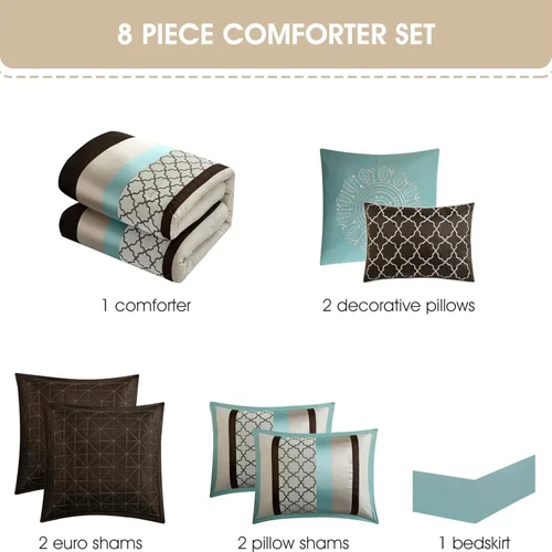 Miniatura 4 de Grand Avenue Juego de edredón tamaño Queen color marrón aguamarina, ropa de cama jacquard de 8 piezas con sábanas, ropa de cama bordada ultrasuave