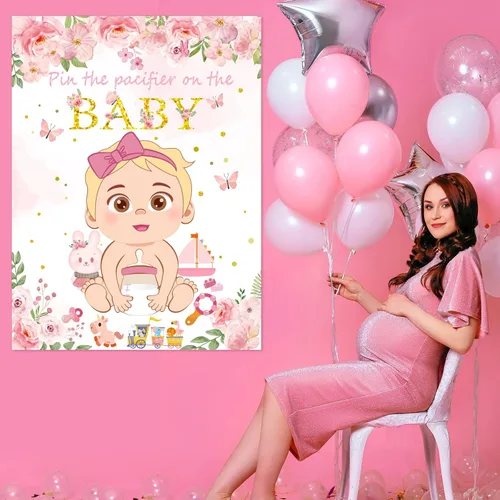 Miniatura 8 de Juego Pon el Chupete al Bebé Rosa Juego de Baby Shower Decoraciones para Fiesta Incluye Póster Grande 30 Pegatinas de Chupete Juego para Baby