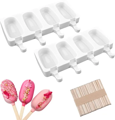 Miniatura 7 de Sakolla 2 paquetes de moldes de silicona para paletas, moldes de helado de diamante de 4 cavidades con 50 palos de madera para paletas de hielo