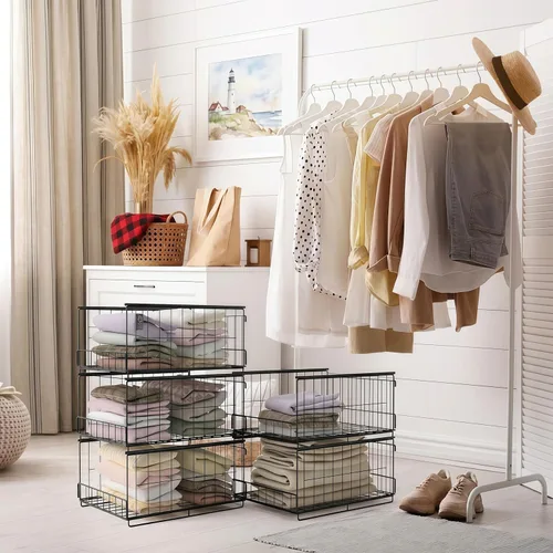 Miniatura 2 de Organizador de armario apilable de 4 niveles y estantes de almacenamiento, cestas de ropa de metal resistentes, contenedores plegables que ahorran
