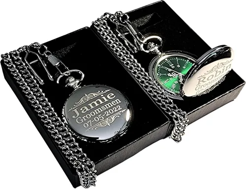 Miniatura 4 de 1 reloj de bolsillo grabado - Viene con caja personalizada, cadena y grabado. Esfera verde con números romanos plateados, regalos de boda Negro