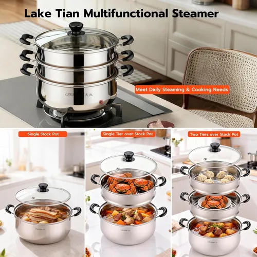 Miniatura 5 de Olla de vapor de acero inoxidable de 3 niveles de 24 cuartos de galón con tapa de vidrio, utensilios de cocina apilables multicapa para tamales