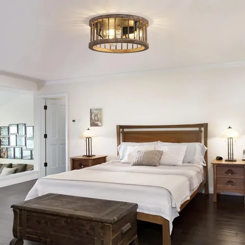 Miniatura 8 de Lámpara de techo de montaje empotrado estilo granja, 3 luces de metal y madera de 12.6 pulgadas, lámpara de techo para cocina, pasillo, comedor