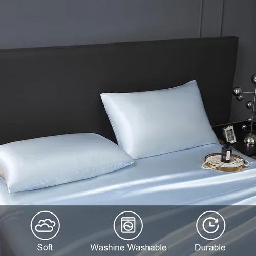 Miniatura 8 de Revdomfly Juego de 4 Piezas de Sábanas de Satén Azul Bebé de Tamaño Completo, Lujosas y Suaves como Seda, 1 Sábana Bajera Premium que Absorbe