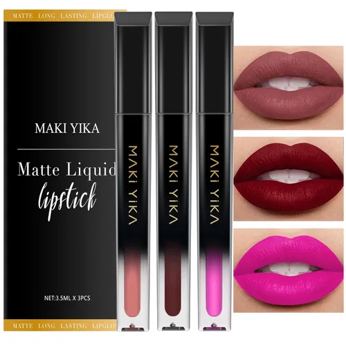 Miniatura 12 de MAKI YIKA Lápiz labial rojo burdeos para mujer, pintalabios de larga duración, sin manchas, mate, líquido, a prueba de transferencia, sin crueldad