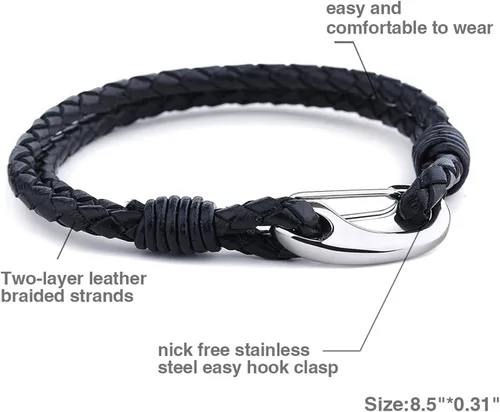 Miniatura 2 de OIDEA 2 pulseras trenzadas de cuero para hombre y mujer, de acero inoxidable, cierre de gancho fácil de 8.0in
