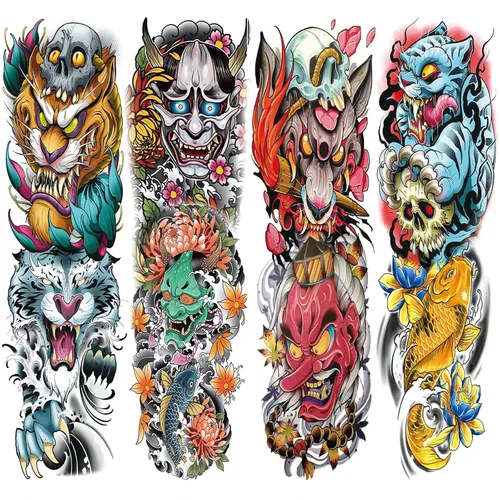 Miniatura 9 de Manga de Tatuaje Temporal de León y Leopardo para Hombres y Mujeres, Manga Completa Grande de Bosque Negro Lobo Tribal, Tatuajes Falsos de Duración
