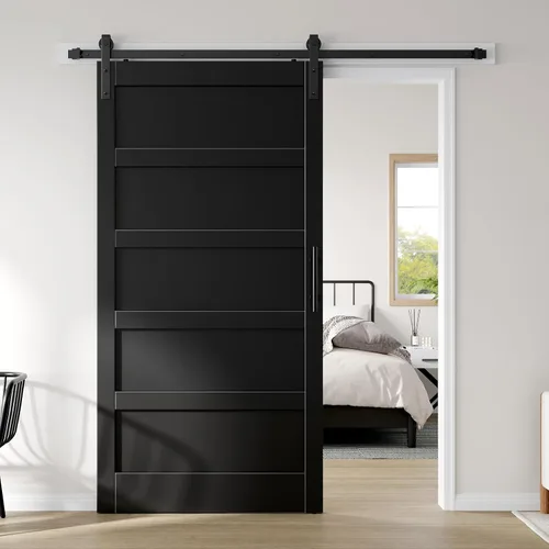 Miniatura 28 de Fredbeck Puerta de granero blanca de 30 x 84 pulgadas con kit de herrajes para puerta corredera de 5.5 pies incluido y asa, sólida, MDF, superficie