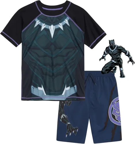 Marvel Avengers - Conjunto de camiseta de protección para niños Spider-Man y Capitán América Camiseta de natación y traje de baño UPF 50+ para