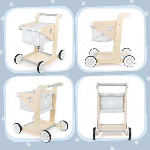 Miniatura 6 de Asweets Andador de Bebé de Madera 2 en 1 para Empujar y Jalar Cochecito de Muñecas, Carrito de Compras Andador de Aprendizaje para Niños y Niñas