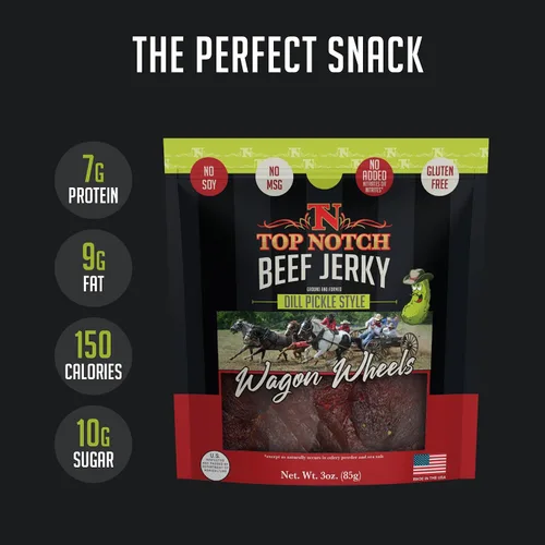 Miniatura 4 de Top Notch Wagon Wheels Jerky – Snacks altos en proteínas para niños y adultos hechos de carne de res criada localmente – Rondas sabrosas de carne
