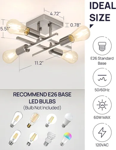 Miniatura 3 de Lámpara de techo industrial de 4 luces, semiempotrada, moderna lámpara de araña de níquel cepillado, lámpara de techo Sputnik con base de bombilla