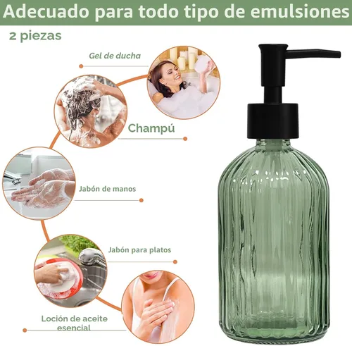 Miniatura 4 de Juego de dispensador de jabón de vidrio verde con bomba negra, dispensador de jabón líquido para manos recargable de 13.5 onzas, dispensador