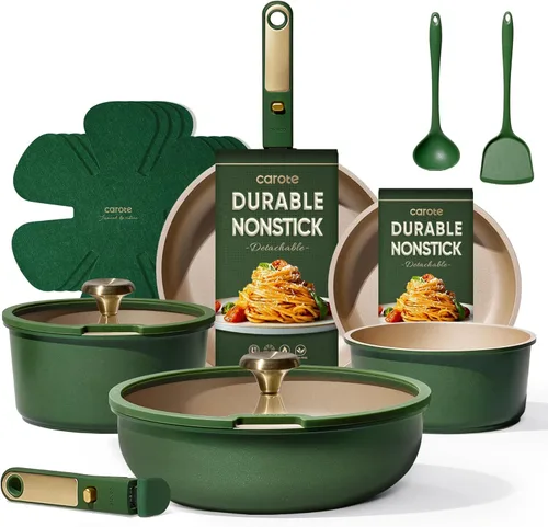 Miniatura 10 de CAROTE Juego de utensilios de cocina de cerámica de 15 piezas, juego de ollas y sartenes antiadherentes, juego de cocina de cocina con mango
