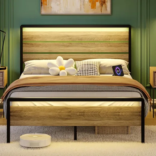 Miniatura 23 de VINGLI Base de cama de plataforma individual con cabecero y estribo LED, estación de carga USB, cama de panel de metal con espacio de almacenamiento