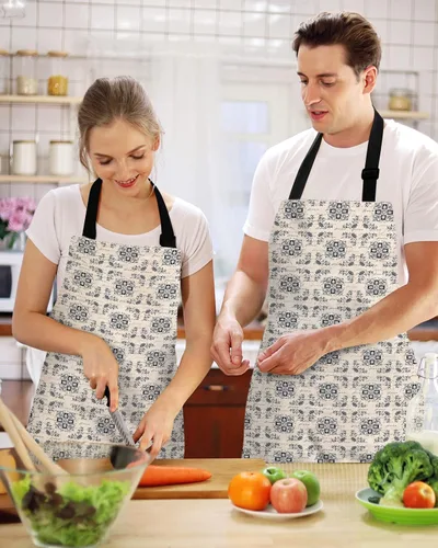 Miniatura 2 de Waterproof Apron with 2 Pockets, Vintage Middle Agesl Floral Text Pattern Adjustable Man and Women Kitchen Bib Apron for Baking Cooking Restaurant