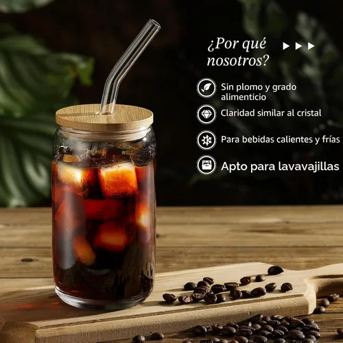 Miniatura 3 de [Juego de 12 piezas] Vasos de vidrio con tapas de bambú y popote de vidrio, vasos para beber en forma de cerveza, vasos de café helado de 16 onzas