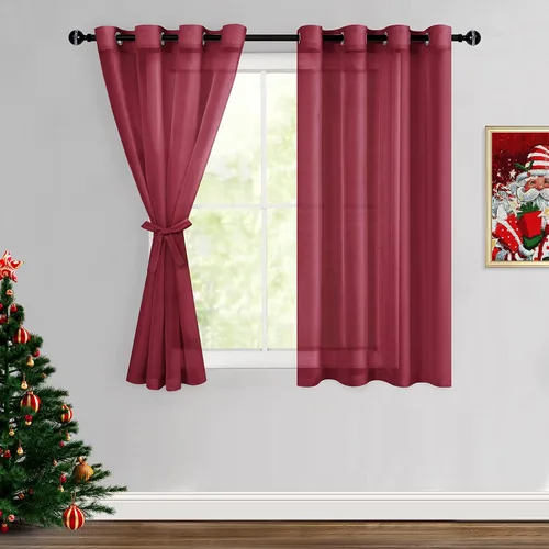 Miniatura 151 de Hiasan - Cortinas traslúcidas de gasa cortas semitransparentes con ojales y alzapaños filtrantes de luz para ventana, dormitorio, baño, 2 paneles