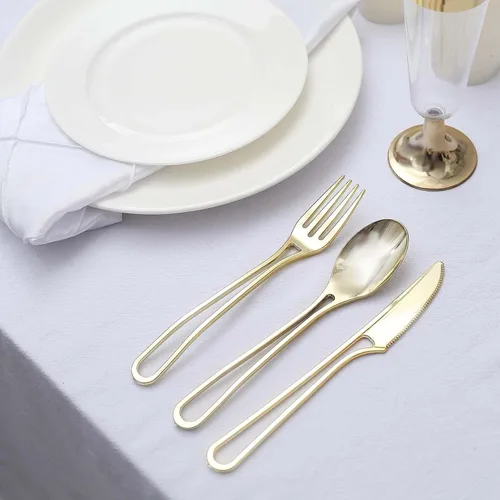 Miniatura 7 de Efavormart - Juego de utensilios de plástico con diseño moderno de mango hueco dorado de 7 pulgadas, tenedores, cucharas y cuchillos desechables, Oro