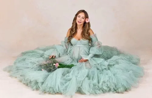 Miniatura 7 de Vestidos de maternidad de tul para sesión de fotos, batas de hombro descubierto, manga larga, lencería nupcial, vestido de baby shower, vestidos
