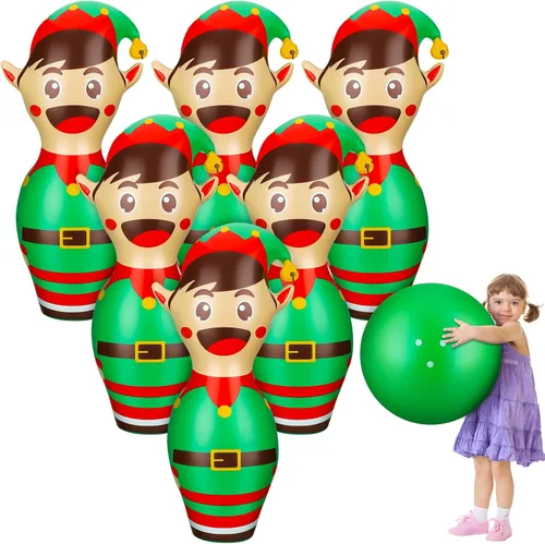 Wettarn Juego de bolos inflables gigantes de Navidad de 27 pulgadas, juego inflable de elfo para niños y adultos, juegos de fiesta de Navidad,