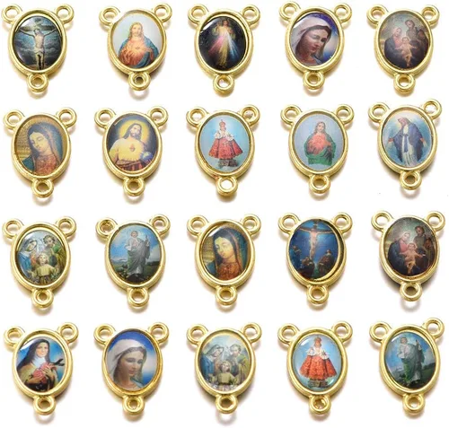 100 piezas de esmalte de cuadros de oro con medalla milagrosa de Nuestra Señora, Rosario floral, centro de mesa, cruz de Jesús, Virgen María,