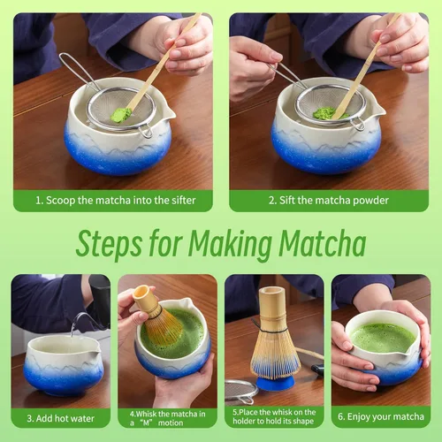 Miniatura 5 de TEANAGOO Juego de 7 batidores de matcha, juego de matcha azul, kit de polvo de matcha de ceremonia, juego de té matcha para hacer café con leche