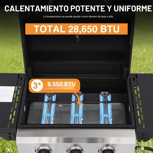 Miniatura 7 de Parrilla de gas propano con mesas laterales plegables, parrilla de gas de 3 quemadores con rejillas de hierro fundido y parrilla de acero