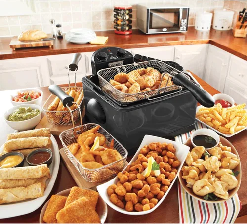 Montgomery Ward Ginny's Brand - Freidora con temporizador, esenciales de cocina, 3 canastas, temporizador integrado, negro, tanque de 4 cuartos de