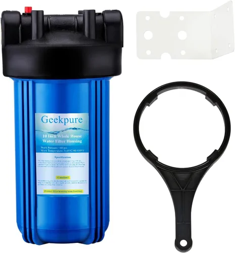 Geekpure Carcasa de filtro de agua grande de 10 pulgadas para toda la casa, apta para filtros de 4.5 x 10 pulgadas, puerto de latón azul de 1