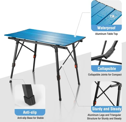 Miniatura 7 de Mesa de camping portátil VILLEY con patas ajustables, mesa de playa ligera de aluminio plegable con bolsa de transporte para cocinar al aire libre