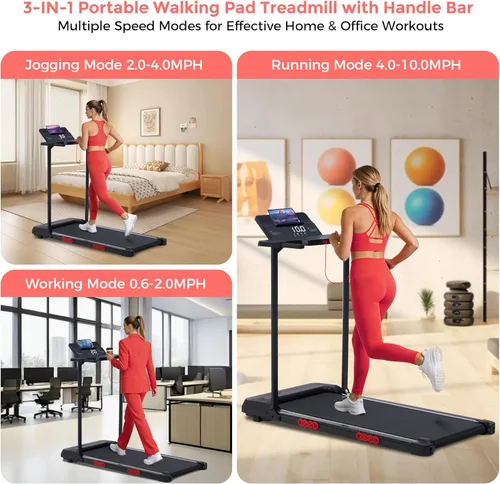 Miniatura 2 de Walking Pad with Handle Bar, 3.5HP Electric Portable Walking Pad Treadmill with Handles, 0.6-10MPH Running Treadmill with Handles for Home Small
