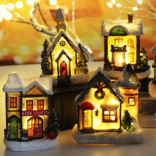 Miniatura 3 de Ochine Casa con luz de pueblo navideño, decoración navideña con luz LED, material de resina, edificios coleccionables de vacaciones