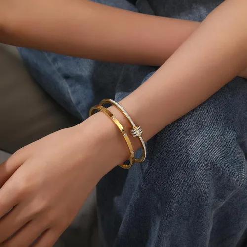 Miniatura 2 de Pulsera de acero inoxidable para mujer, chapada en oro, con cubo, bisagra de circón, joyería ovalada, testigo del regalo del amor