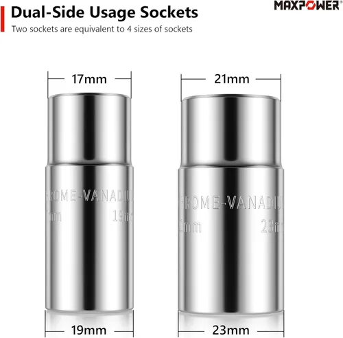 Miniatura 5 de MAXPOWER Llave para ruedas, Llave de neumático con transmisión de 1/2 pulgada y 2 piezas de llaves estándar (17 mm/19 mm, 21 mm/23 mm), Llave