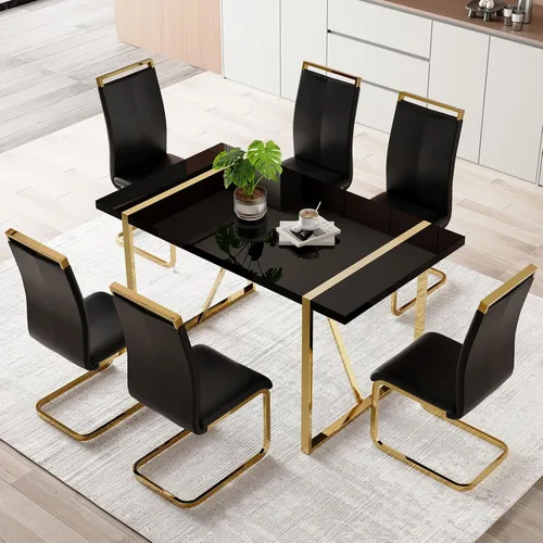 Miniatura 6 de Mesa de comedor Ebullient para 4, mesa de comedor rectangular negra de MDF, tapa de mesa de cena de mármol falso, mesa de comedor moderna con marco